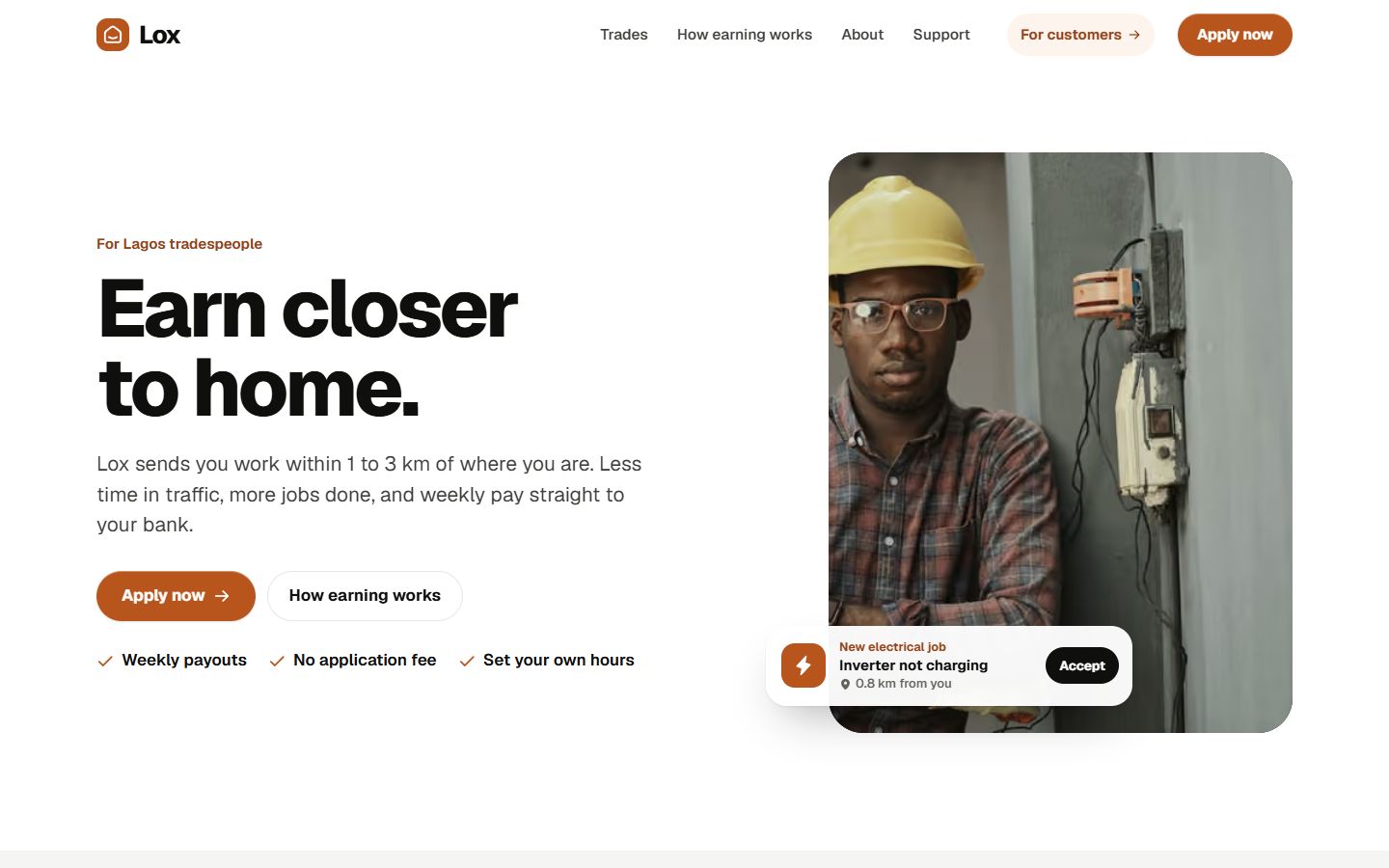 Rebuilt providers page: an electrician photo with a sample job card and an Apply now button