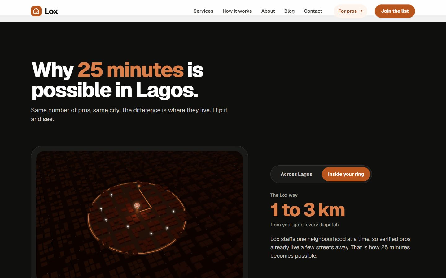 Rebuilt radius section: a 3D map with a toggle between 'Across Lagos' and 'Inside your ring', showing 1 to 3 km
