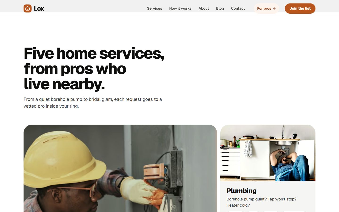 Rebuilt services: photos of an electrician and a plumber at work