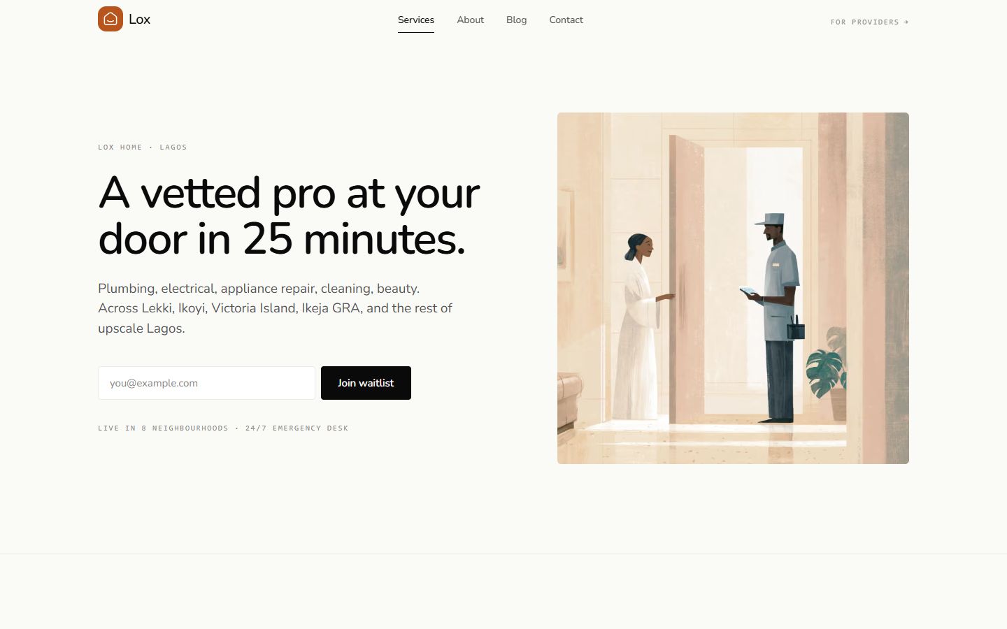 Current loxhome.app home: headline, email field and an illustration of a pro at a door